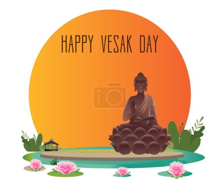 Happy Vesak Budha Purnima Day Hintergrund mit Budha Statue Vector Illustration