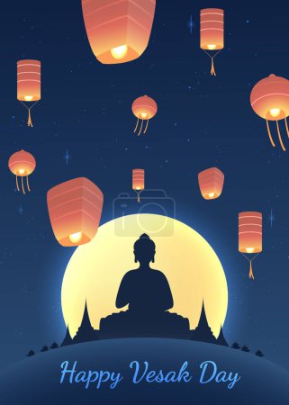 Téléchargez les illustrations : Happy Vesak Budha Purnima Day Arrière-plan avec Budha Statue Illustration vectorielle - en licence libre de droit