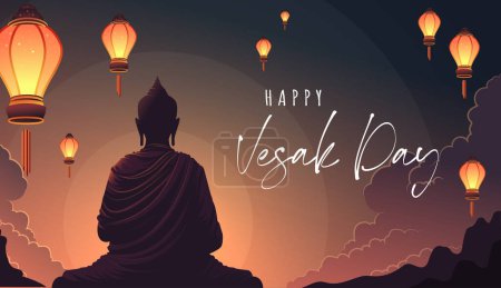 Kreatives Konzept zum Vesaktag für Karte oder Banner. Der Vesaktag ist für Buddhisten ein heiliger Tag. Happy Buddha Day mit Siddhartha Gautama Statue Design Vector Illustration