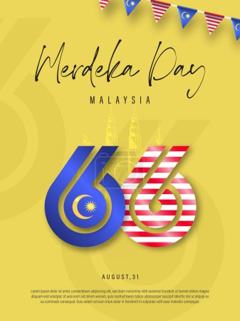 Glückliche 31. August Malaysia Independence Day Vector Illustration. Petronas Tower Design für 65. National Day Poster Banner Template. Zwillingsturm und Flagge Malaysias