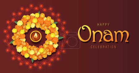 Téléchargez les illustrations : Happy Onam Poster Design avec Marigold Rangoli - en licence libre de droit