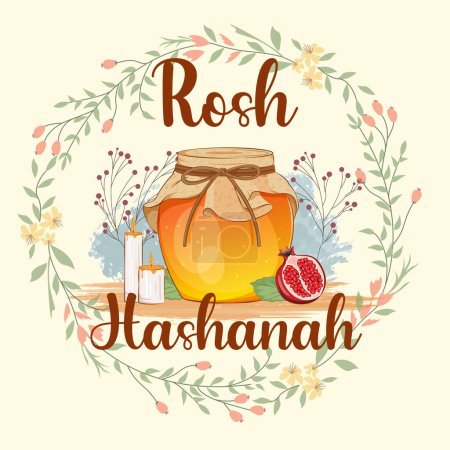 Rosh Hashanah Poster Design with a Jar of Honey, Apple and Pomegranate. Jewish New Year Templat