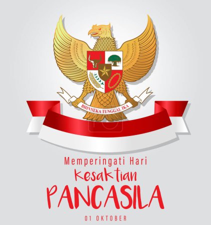 Traducción: Feliz Día de Pancasila. Ilustración vectorial de la celebración de Pancasila en Indonesia. Adecuado para Banner de plantilla de póster. El símbolo de la República de Indonesia