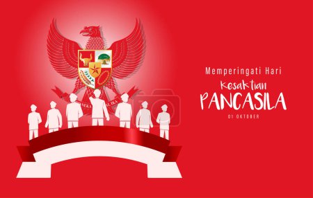 Traducción: Feliz Día de Pancasila. Ilustración vectorial de la celebración de Pancasila en Indonesia. Adecuado para Banner de plantilla de póster. El símbolo de la República de Indonesia