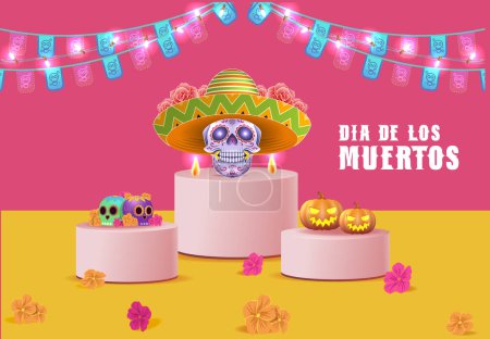 Día de los muertos significa Día de los Muertos. Festival de Fiestas Mexicanas Plantilla Banner Vector Illustration. 