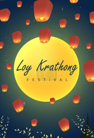 Photo for Loy krathong Festival Travel Thailand Poster Design Background Vector Illustration.  Chao Phraya River Holy Place in Thailand Background. - Royalty Free Image
