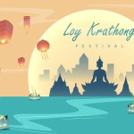 Loy krathong Festival Travel Thailand Poster Design Background Vector Illustration.  Chao Phraya River Holy Place in Thailand Background.