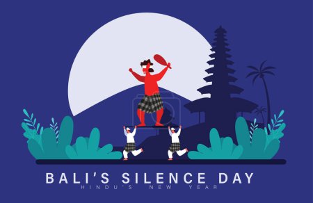 Traducción: Feliz día de Nyepi. Feliz Día del Silencio de Bali y Año Nuevo Hindú Vector Illustration, Nyepi Day y Hari Raya Saka, Ceremonia Hindú