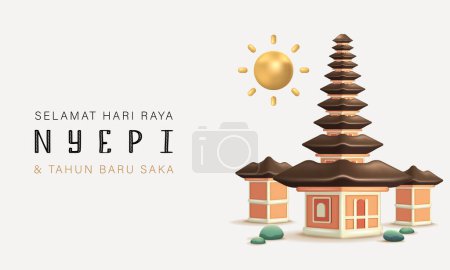 Traducción: Feliz día de Nyepi. Feliz Día del Silencio de Bali y Año Nuevo Hindú Vector Illustration, Nyepi Day y Hari Raya Saka, Ceremonia Hindú