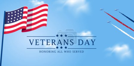 Illustration for Veterans Day Template Design with US Flag and Soldier for Poster and Banner Vector Illustration. Honoring All Who Served. November 11 - Royalty Free Image