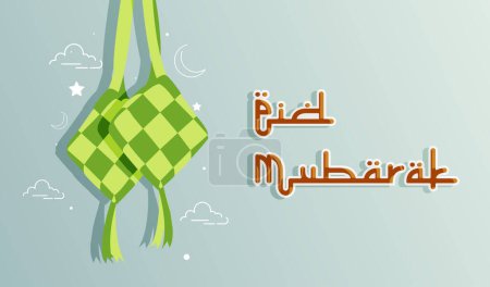 Ilustración del vector de Eid Mubarak feliz conveniente para la tarjeta de felicitación del cartel y otros, plantilla de Eid Mubarak con Ketupat y estilo de línea de arte