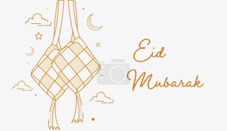 Ilustración de Ilustración del vector de Eid Mubarak feliz conveniente para la tarjeta de felicitación del cartel y otros, plantilla de Eid Mubarak con Ketupat y estilo de línea de arte - Imagen libre de derechos