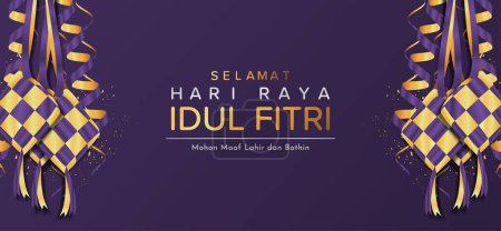 Selamat hari Raya Idul Fitri significa Eid Mubarak, con ilustración del vector ketupat o dumpling indonesio