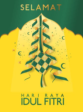 Selamat hari Raya Idul Fitri mean Eid Mubarak,  with ketupat or indonesian dumpling  vector  illustration