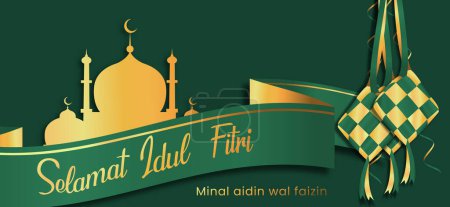 Selamat hari Raya Idul Fitri bedeutet Eid Mubarak, mit Ketupat oder indonesischen Knödelvektorillustration
