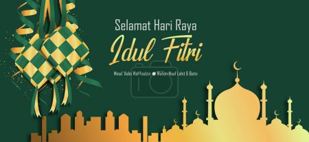 Selamat hari Raya Idul Fitri mean Eid Mubarak,  with ketupat or indonesian dumpling  vector  illustration