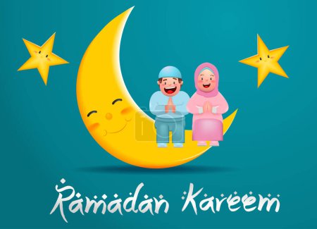 Téléchargez les illustrations : Illustration vectorielle du Ramadan Kareem et de l'Aïd Moubarak, enfants mignons portant des vêtements musulmans à Hari Raya Idul Fitri ou Aidilfitri, joyeux enfants saluant l'Aïd al Fitr - en licence libre de droit