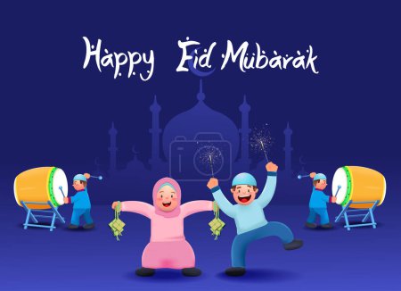 Ramadan Kareem und Eid Mubarak Vector Illustration. Niedliche Kinder tragen muslimische Kleidung in Hari Raya Idul Fitri oder Aidilfitri. Happy Kids Gruß Eid al Fitr, Realistisches Bedug 3D