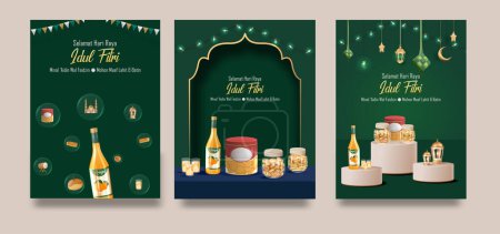 Traducción: Feliz Eid Mubarak. Diseño de póster realista 3D con galletas típicas de Eid de Indonesia. Diseño gráfico de Eid Al Fitr con adorno islámico realista en 3D. 