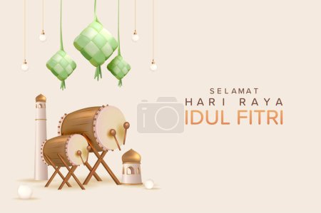 Selamat Hari Raya Idul Fitri Significado Feliz Eid Mubarak. Decoración realista para la plantilla de Eid Mubarak Poster Vector Illustration