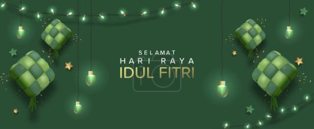 Selamat Hari Raya Idul Fitri bedeutet Happy Eid Mubarak. Eid Mubarak-Vorlage mit 3D-realistischer Ketupat-Vektorillustration, Eid Al Fitr mit islamischem Schmuck