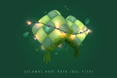 3D Realistic Ketupat with Lamps in Green Background suitable for Eid Mubarak and Ramadan Kareem Banner