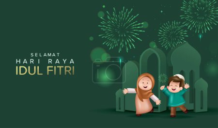 Translation Happy Eid Mubarak. Moslem Boy and Girl Celebrating Eid Mubarak Happily. 3D Realistic Design of Moslem Character and Fireworks on Eid Mubarak Ceremony. Vector Illustration.