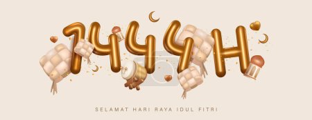 3D Realistic 1444 Hijriah Balloon with Lantern and Camel for Eid Mubarak Poster Design Vector Illustration