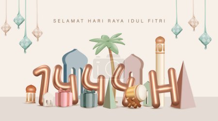 Globo realista 1444 Hijriah 3D con Ketupat y Bedug para Eid Mubarak Poster Design Vector Illustration