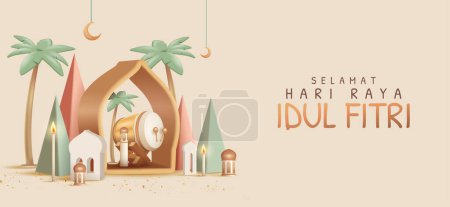 Translation Happy Eid Mubarak. 3D Realistic Poster Design with Bedug, Lantern and Islamic Ornament. Eid Al Fitr Graphic Design with 3D Realistic Islamic Ornament. 