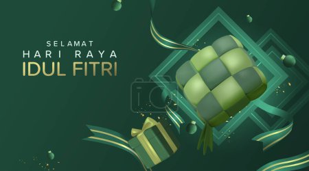Happy Eid Mubarak. 3D Realistische Pop Up Green Ketupat und Geschenkbox für Eid Mubarak Poster Design Vector Illustration