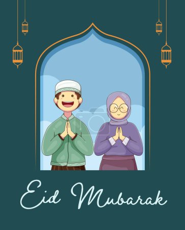 Translation Happy Eid Mubarak. Cute Boy and Girl for Greetings Eid Mubarak Vector Illustration. 3D Realistic Eid Al Fitr Poster Design