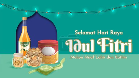 Übersetzung Happy Eid al Fitr. Eid Mubarak-Anzeige mit typischen indonesischen Keksen und Sirup-Vektorillustration