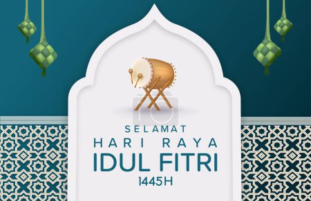Traducción Happy Eid Al Fitr. Diseño de póster de Eid Mubarak con tambor indonesio Bedug y ketupat Vector Illustration