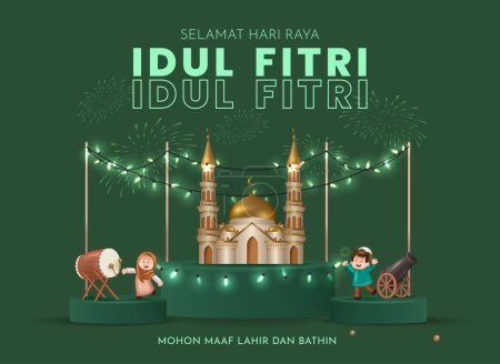 Übersetzung Happy Eid al Fitr. Muslimische Kinder feiern fröhlich Eid. Vektorillustration