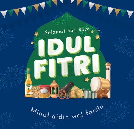 Translation Happy Eid al Fitr. Eid Mubarak Display with Indonesian Typical Cookies and Syrup Vector Illustration
