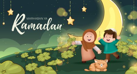 Marhaban Ya Ramadan significa Bienvenido al Mes de Ramadhan. Plantilla de póster de Ramadhan Kareem con niño y niña musulmanes Felizmente bienvenidos al evento Ramadhan