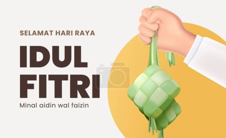 Translation Happy Eid al Fitr. Poster Template of Eid Mubarak with Hand Holding Ketupat Vector Illustration