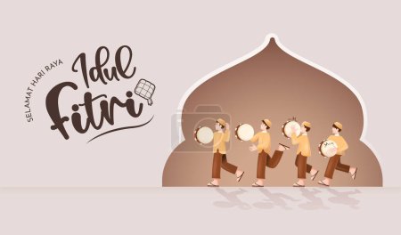 Traducción Happy Eid al Fitr. Niños musulmanes tocando el tambor indonesio Rebana celebrando el Eid Mubarak Vector Illustration
