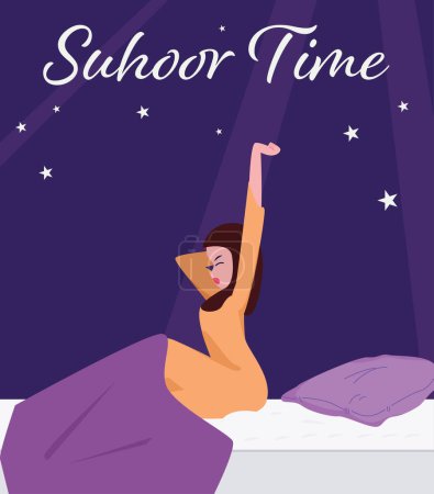 Una chica se despierta por la noche para suhoor en ramadán mes, suhoor tiempo vector ilustración
