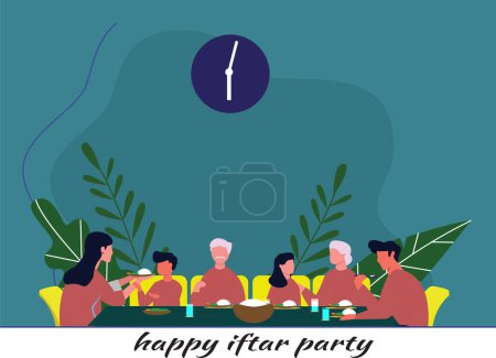 Iftar Party With whole familly in ramadhan Vector Illustration flat design, eid mubarak and eid al fitr