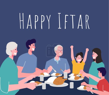 Iftar Party with Family During Ramadan Month Vector Illustration, Happy Fasting For Moslem, Eat Together With Moslem Family, Ramadhan kareem and Eid Mubarak