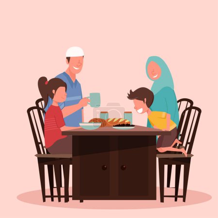 Fiesta de Iftar con la familia durante el mes de Ramadán Ilustración vectorial, ayuno feliz para los musulmanes, comer junto con la familia musulmana, Ramadhan kareem y Eid Mubarak