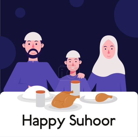 Happy Suhoor et Iftar Party Illustration vectorielle de la famille musulmane, célébration Ramadan Kareem et Eid Moubarak