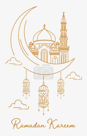 Ramadhan Kareem Design avec Mosquée Ligne Art Fond Illustration vectorielle