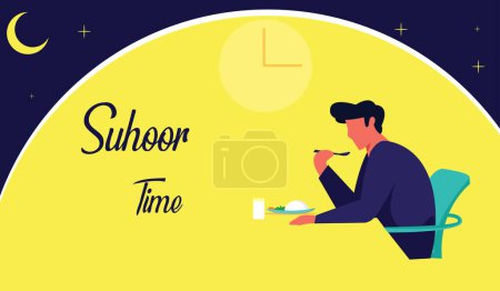A boy wake up at night for suhoor in ramadan month, suhoor time vector illustration