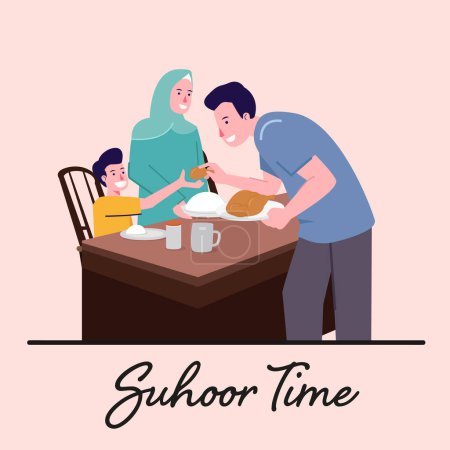 Illustration for Suhoor and Iftar Party with Family During Ramadan Month Vector Illustration, Happy Fasting For Moslem - Royalty Free Image