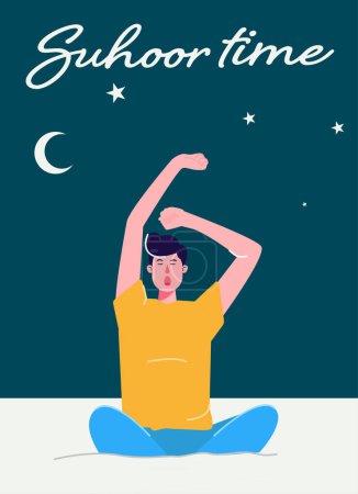 A boy wake up at night for suhoor in ramadan month, suhoor time vector illustration