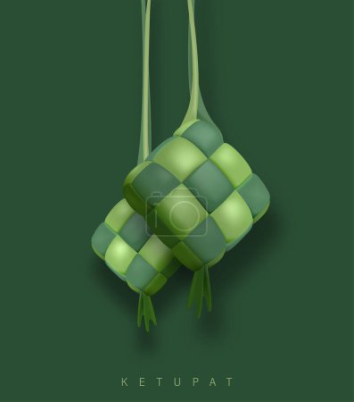 Illustration for 3D Realistic Hanging Green Ketupat in Solid Green Background. Ketupat is Element for Ramadan and Eid Celebration in Indonesia and Malaysia - Royalty Free Image