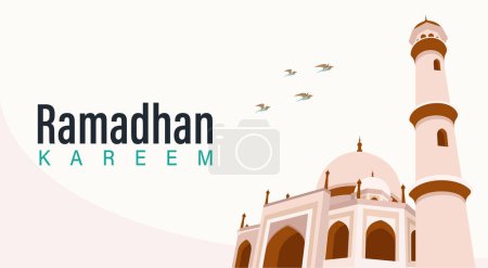 Ramadhan Kareem Vector Illustration with Four Pillars Mosque in the Background
